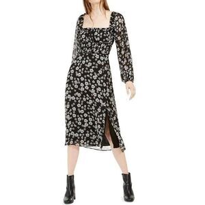 Leyden Womens XL Black Daisey Print Smocked Side Slit Midi Dress NWT DH55